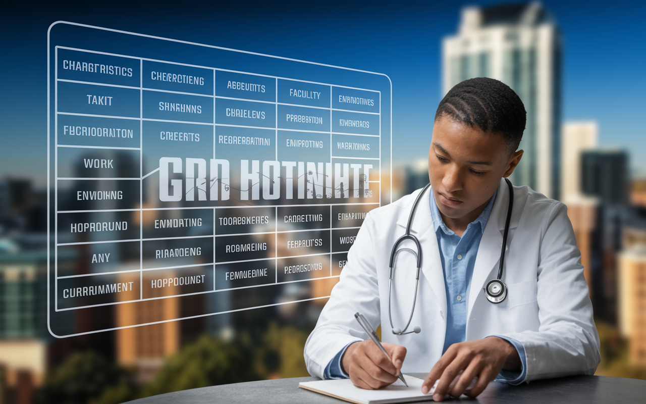 A detailed diagram of the Residency Ranking Grid displayed on a digital screen, showcasing different program characteristics such as curriculum, faculty support, and work environment. In the foreground, a focused medical student with a thoughtful expression takes notes on a notepad, representing the research process. The backdrop features blurred images of various hospitals, encapsulating the essence of location diversity.