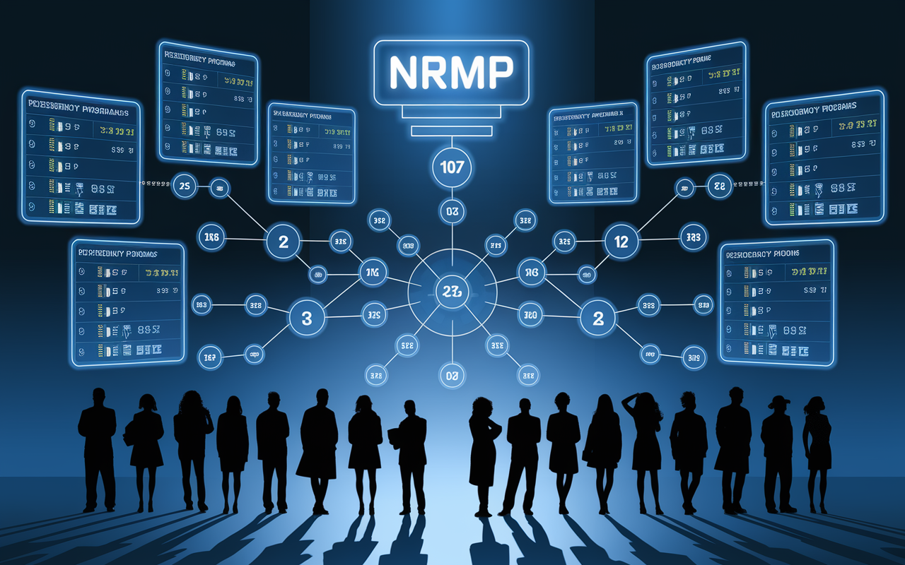 A sophisticated, futuristic representation of the NRMP algorithm at work, visualized as a dynamic flowchart connecting applicants to various residency programs. The scene includes glowing screens that project data, preferences, and rankings, while silhouettes of diverse candidates await their matches with expressions of hope and anticipation.