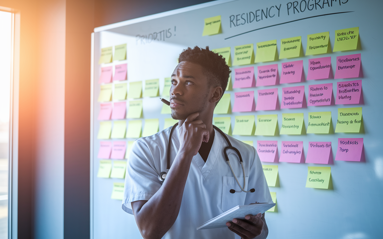 A thoughtful medical student standing in front of a whiteboard filled with colorful sticky notes representing various residency programs and priorities. The student, depicted mid-20s with a contemplative expression, is holding a pen, pondering the importance of each program’s qualities like location, academic opportunities, and work-life balance. Sunlight streams through a window, casting a warm glow, enhancing the atmosphere of reflection and decision-making.