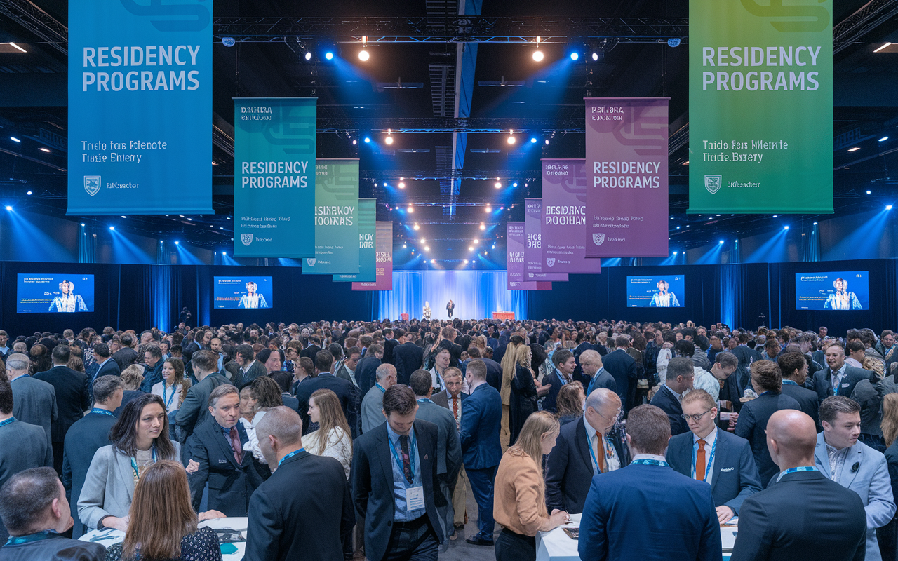 A vibrant conference hall bustling with medical professionals from various specialties, engaging in discussions at booths showcasing residency programs. Banners hang high featuring program names and logos, while attendees, in formal attire, network and share experiences. Bright lights and a dynamic atmosphere illustrate the energy of learning and opportunity, as keynote speakers present on stage in the background.