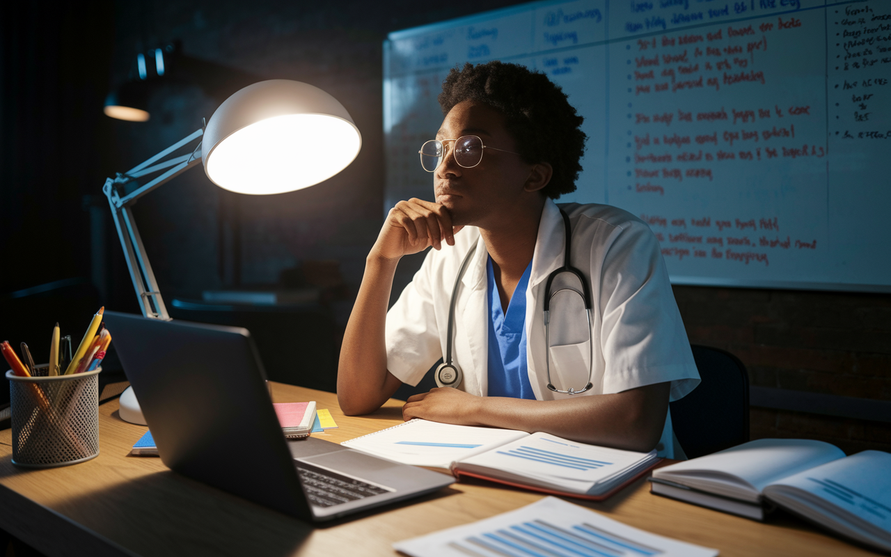 A focused medical student surrounded by a laptop, notebooks, and a whiteboard filled with charts and program rankings, deep in thought about their residency applications. The dimly lit room is illuminated by the warm light of a desk lamp, creating an intimate atmosphere of study and strategy. Posture reflects determination and hope as they visualize their future in medicine, ready to take the next step in their career.