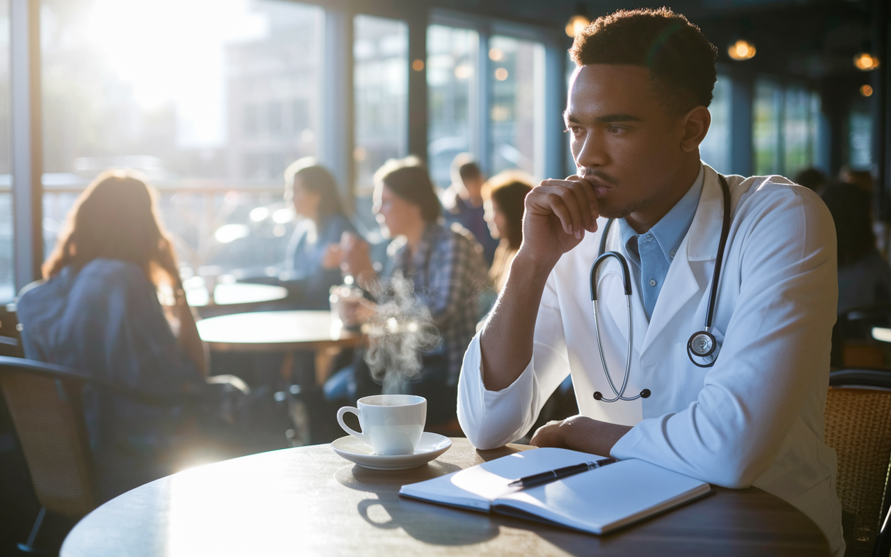 A thoughtful medical graduate sitting quietly at a sunny coffee shop with a notebook, pen, and a steaming cup of coffee, deep in reflection about their residency choices. Surrounding elements include a vibrant environment of university students, with sunlight filtering through the window, symbolizing clarity and inspiration. The graduate's serious expression should convey the importance of their decision-making process.