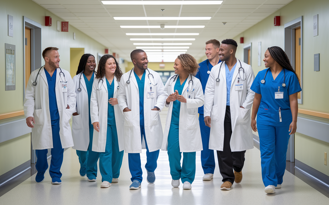 A group of diverse medical graduates touring a university hospital, interacting with friendly faculty and current residents in a state-of-the-art medical facility. Bright, clean hallways and modern equipment surround them, symbolizing the advanced training environment. Capturing candid conversations and smiles, the scene should convey a sense of warmth, community, and professional curiosity.