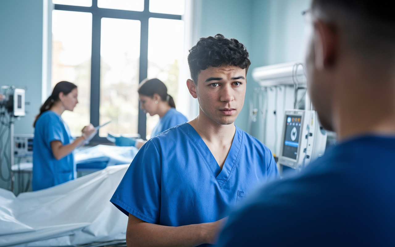 A young medical student dressed in scrubs, intently observing a physician during a patient consultation in a busy hospital room. The physician is examining a patient, and medical equipment is visible in the background. A large window lets in natural light, creating a bright atmosphere while reflecting the seriousness of medical practice. The student’s expression shows curiosity and eagerness to learn.