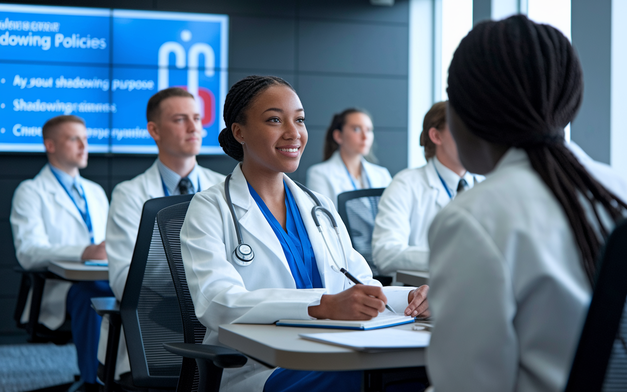 An engaged medical student sitting in a conference room, taking notes diligently during a seminar on shadowing policies. The setting is modern, with a large screen displaying information about shadowing requirements. The student looks keen and focused, surrounded by other aspiring medical students, creating a sense of community and shared purpose.