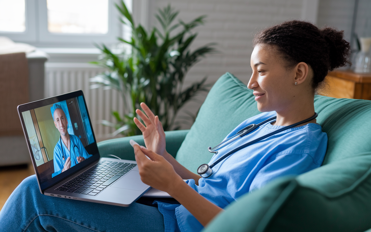 A young medical student participating in a virtual shadowing session via video call, seated comfortably at home with a laptop open. The screen shows a healthcare professional discussing surgical procedures. The student's environment is cozy and bright, highlighting the blend of technology and education in medicine. The student appears engaged and taking notes, representing the modern approach to shadowing.