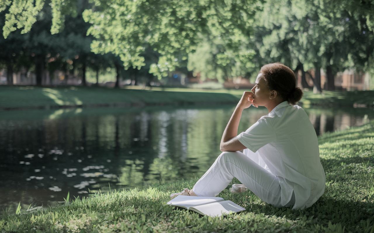 A serene scene of a medical student sitting in a quiet park, with open notebooks beside them, deep in thought. The student gazes thoughtfully at a peaceful pond, reflecting on their journey through medical school. Dappled sunlight filters through the trees, casting soft shadows, creating an atmosphere of tranquility and introspection. The surrounding greenery symbolizes growth and hope, capturing the essence of personal reflection. Realistic style with an emphasis on nature's calming effect.