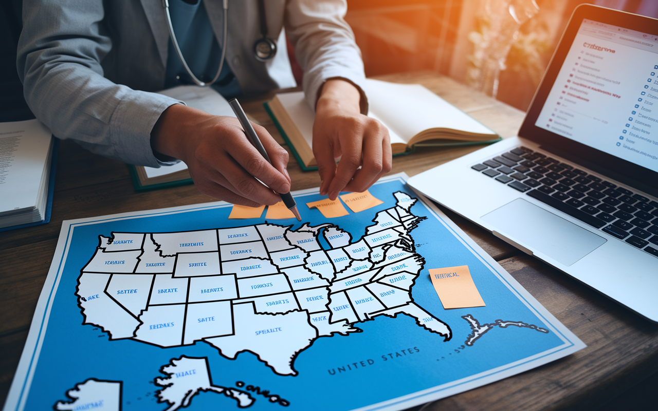 A close-up view of a pair of hands marking locations on a detailed map of the United States with sticky notes representing different residency programs. The map is spread out on a wooden table alongside medical textbooks and a laptop displaying data about specialties. This intimate scene conveys the thoughtfulness and strategic planning necessary for residency applications, with warm overhead lighting creating an inviting atmosphere.