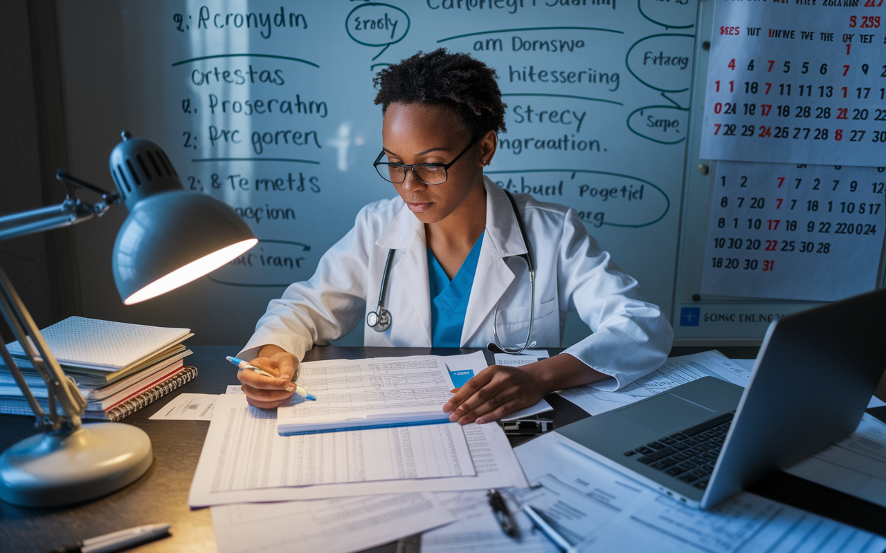 A focused medical student surrounded by paperwork, charts, and a laptop, carefully organizing their residency application strategy on a whiteboard filled with acronyms and program names. The atmosphere is one of concentration and determination, with a soft glow from a desk lamp illuminating their thoughtful expressions. A calendar is visible in the background, marking important deadlines and milestones.