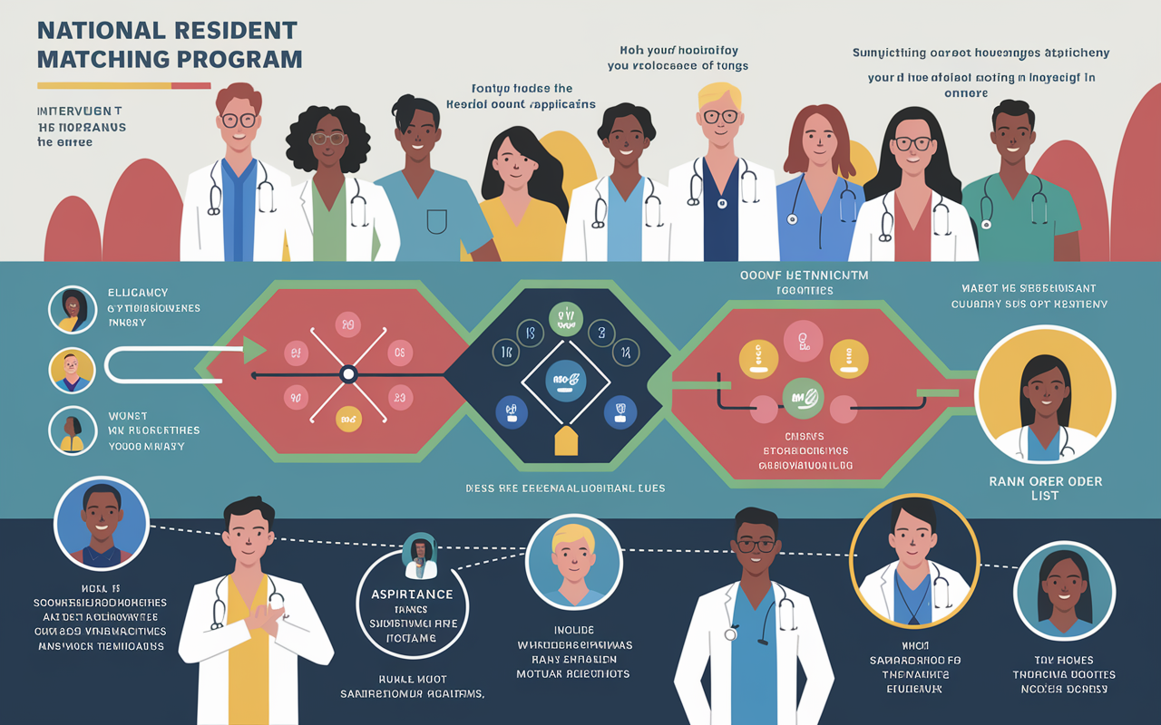 A dynamic infographic illustrating the National Resident Matching Program (NRMP) process. The image shows a flow chart with arrows indicating the journey from residency applications through interviews to the submission of a rank order list. Elements include diverse medical applicants of various ethnicities, a depiction of the matching algorithm in action with colorful graphics, and visual cues of aspirational quotes highlighting the importance of mutual rankings. The background features soft, healthcare-themed colors to convey professionalism and hope.