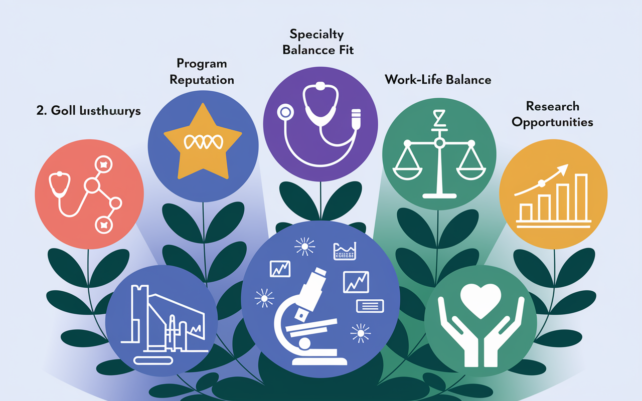 A visually captivating scene depicting six distinct icons representing the key factors influencing residency program rankings: 1. Program Reputation – a gold star. 2. Specialty Fit – a stethoscope intertwined with a specialty symbol. 3. Work-Life Balance – a scale balancing work and leisure. 4. Location – a map pin with a city skyline. 5. Research Opportunities – a microscope surrounded by data graphs. 6. Community Engagement – hands holding a heart symbol. The backdrop is softly gradient, transitioning through shades of blue to green, suggesting growth and professionalism.