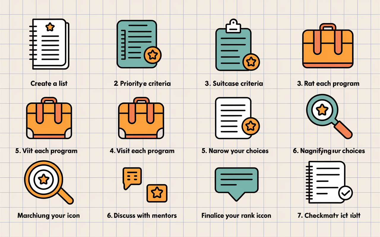 An engaging visual checklist outlining the step-by-step guide to effectively ranking residency programs. Each step is represented with inviting icons: 1. Create a List (notebook icon). 2. Prioritize Criteria (priority list icon). 3. Visit Each Program (suitcase icon). 4. Rate Each Program (rating stars icon). 5. Narrow Down Your Choices (magnifying glass icon). 6. Discuss with Mentors (speech bubble icon). 7. Finalize Your Rank Order List (checkmark icon). The background features a subtle grid pattern, conveying organization and clarity.