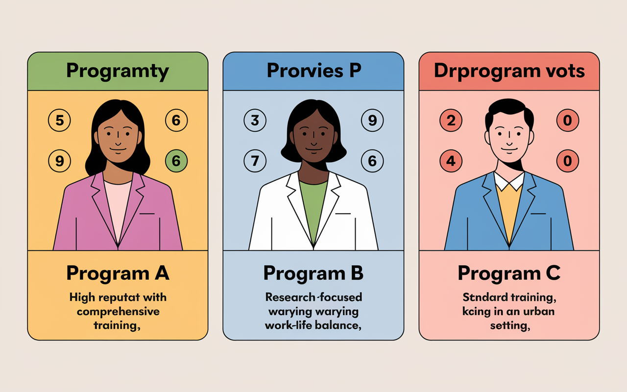 A side-by-side visual comparison of three fictional residency programs, showcasing Sarah's ranking process. Each program is represented in a box format with important criteria highlighted: Program A (High reputation with comprehensive training), Program B (Research-focused with varying work-life balance), and Program C (Standard training in an urban setting). Bright colors with easy-to-read icons illustrate key strengths, set against a neutral background, focusing on clarity and decision-making.