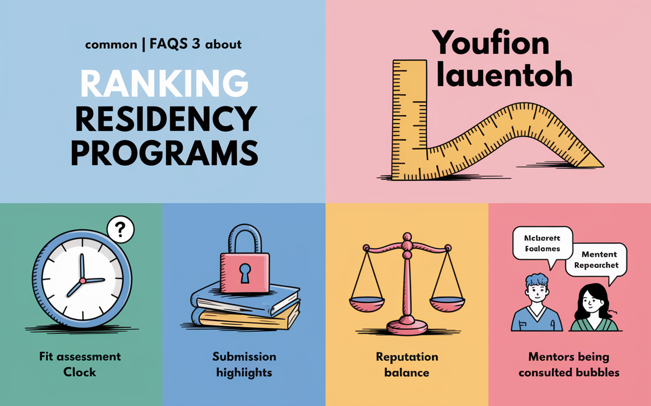 A friendly and informative infographic answering common FAQs about ranking residency programs. It includes four visually distinct sections for each question with hand-drawn illustrations: Q1 - Fit assessment with a question mark over a clock; Q2 - Rankings adjustment illustrated by a flexible ruler; Q3 - Submission highlights with a locked symbol; Q4 - Reputation balance represented by scales; Q5 - Mentors being consulted illustrated by dialogue bubbles. Use of vibrant colors makes the infographic approachable and educational.