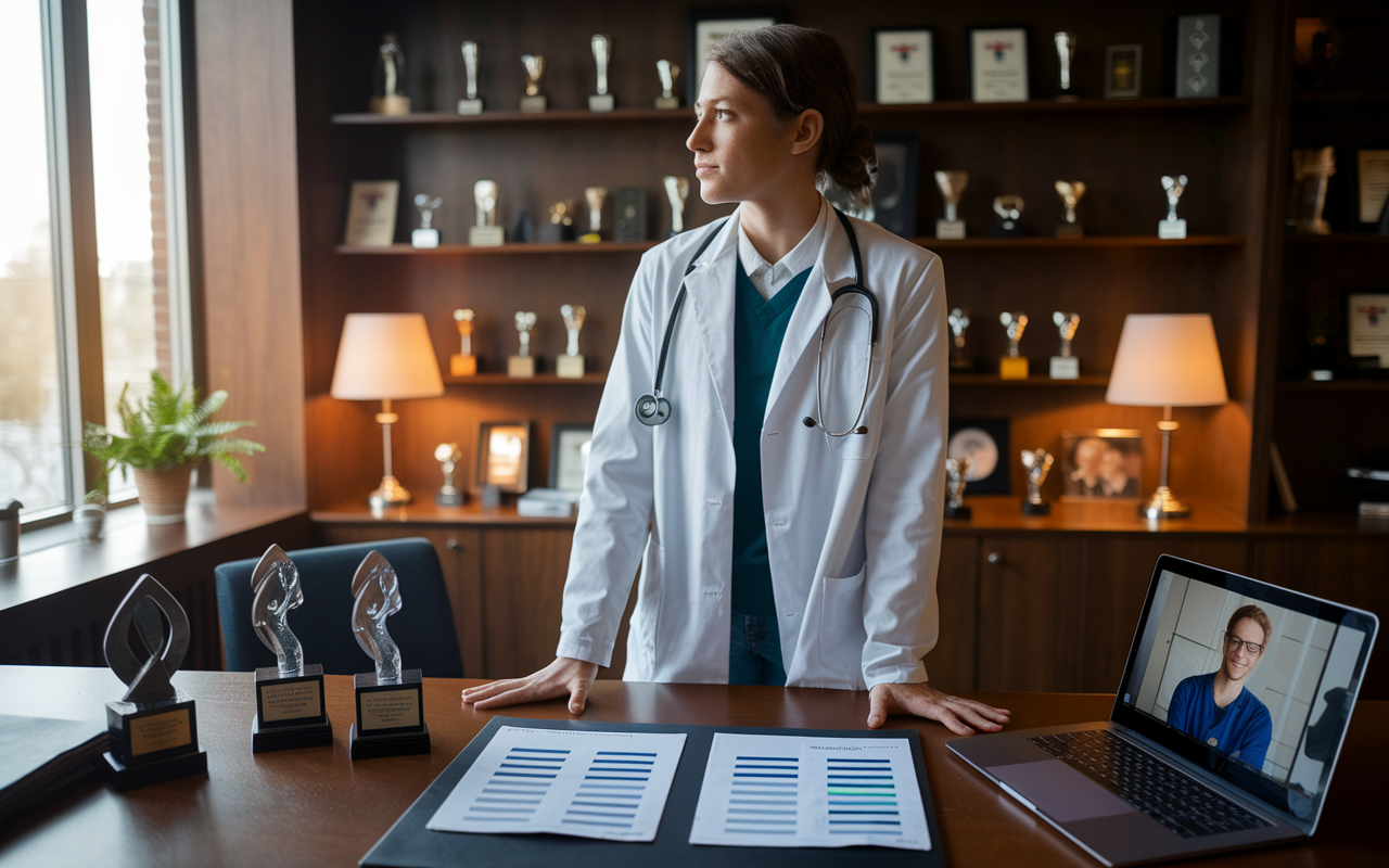 A thoughtful medical student standing in a cozy, well-furnished office filled with medical awards and trophies. The student is gazing out of a window, reflecting on career aspirations. A paper with ranked residency choices is spread on the desk, alongside a laptop displaying a video call with a mentor. Warm lighting fills the room, enhancing the atmosphere of self-reflection and ambition.