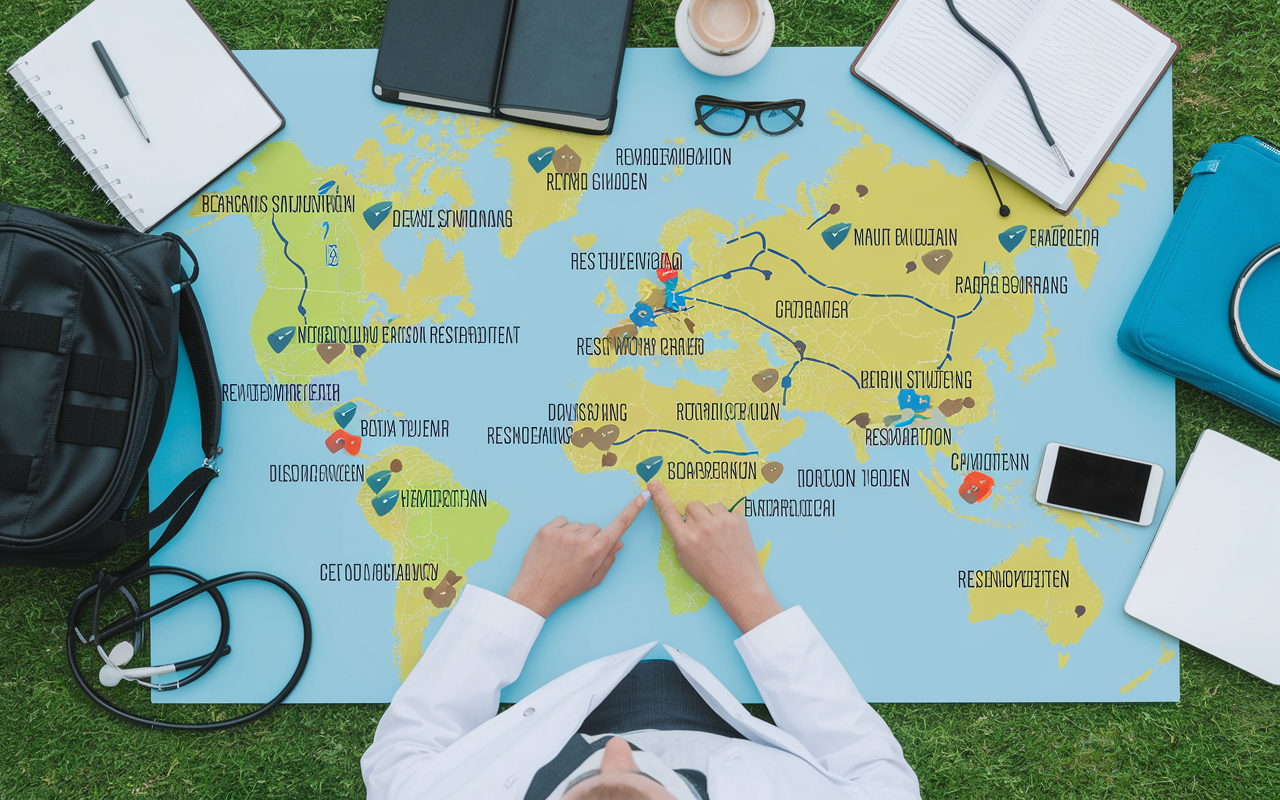 A vibrant map showing various cities marked for residency programs, with a medical student pointing at their choices. The student is surrounded by personal items such as a backpack, medical textbooks, and a smartphone, emphasizing their journey in searching for the right residency. The scene is outdoors, under a clear blue sky, symbolizing hope and opportunity.