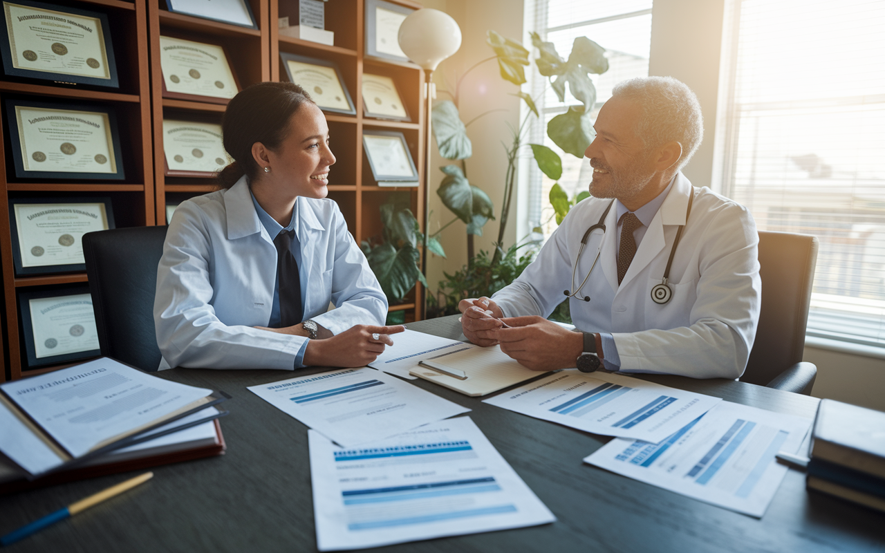 A medical student engaging in a mentorship meeting with an experienced doctor in a sunlit office filled with diplomas and medical books. Papers with program rankings and evaluation criteria lie on the table. The mentored student looks engaged and curious, while the mentor has a supportive demeanor. The room exudes warmth and professionalism, embodying a nurturing learning environment.