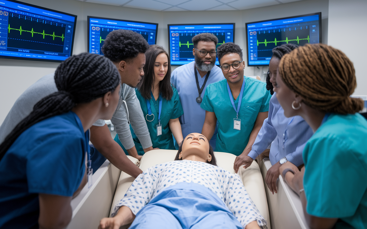 An engaging scene in a medical training facility where residents are participating in a simulation-based learning session. A diverse group of residents in scrubs is gathered around a high-tech patient simulator, eagerly discussing the case. The room is brightly lit with screens displaying vital signs and graphs. Their expressions show enthusiasm and commitment to learning, highlighting a dynamic educational environment.