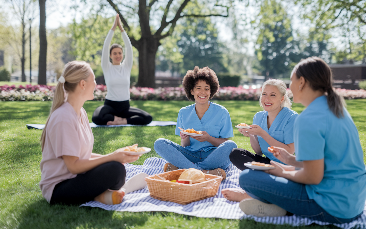 A serene outdoor scene of a resident enjoying a picnic with colleagues in a park during their day off. They are laughing and sharing food, with a backdrop of blooming flowers and a sunny sky. Nearby, a yoga session for wellness is in progress, showcasing an environment that promotes relaxation and camaraderie among residents. The overall mood is joyful and relaxed, reflecting the importance of balance in a demanding profession.