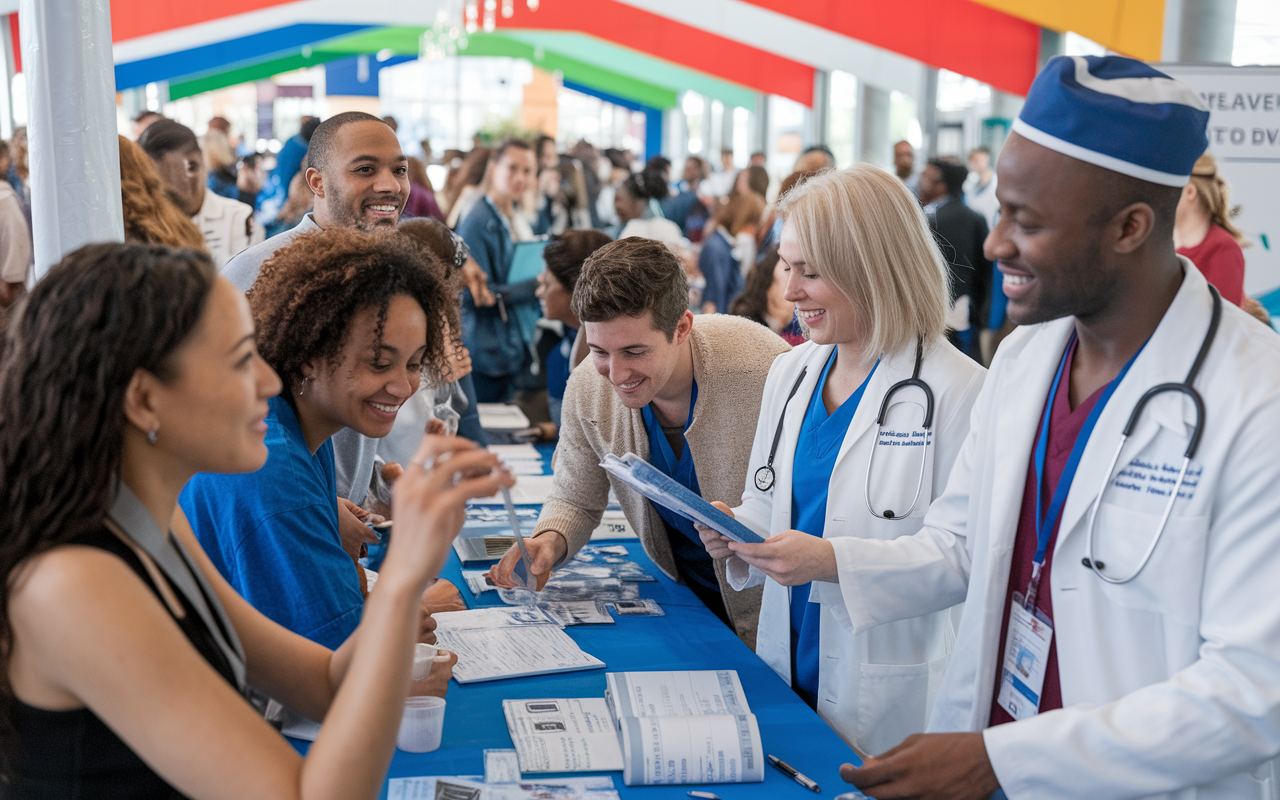 A vibrant gathering of diverse medical residents in a community health fair, educating local families about healthcare resources. The scene showcases residents from various backgrounds joyfully interacting with the community, engaging in activities like health screenings and education about wellness. Colorful booths and banners create a lively atmosphere reflecting commitment to diversity and inclusion in healthcare.