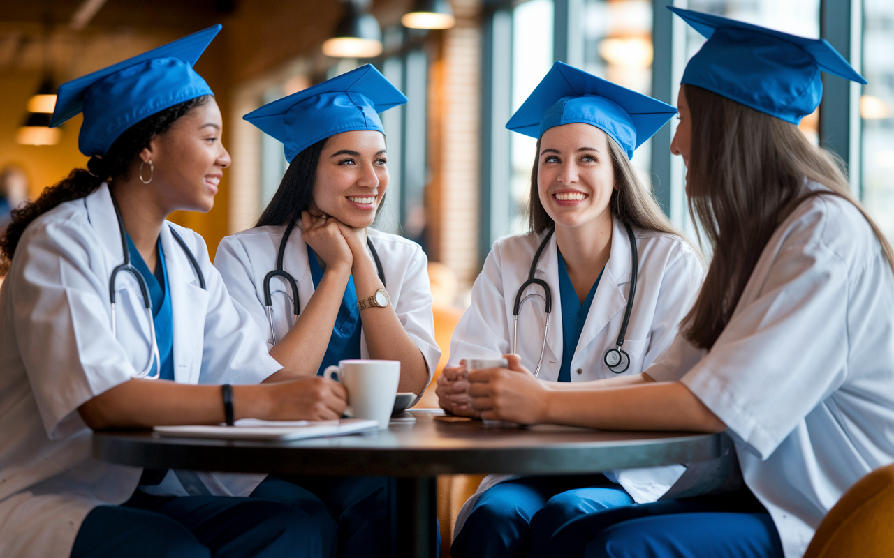 A warm, cozy setting featuring a group of young medical graduates sitting together in a café, engaged in deep conversation. They are sharing their experiences and supporting each other, with expressions of empathy and understanding. The café has a warm ambiance with natural light filtering in through large windows, highlighting the importance of community and support in tough times.