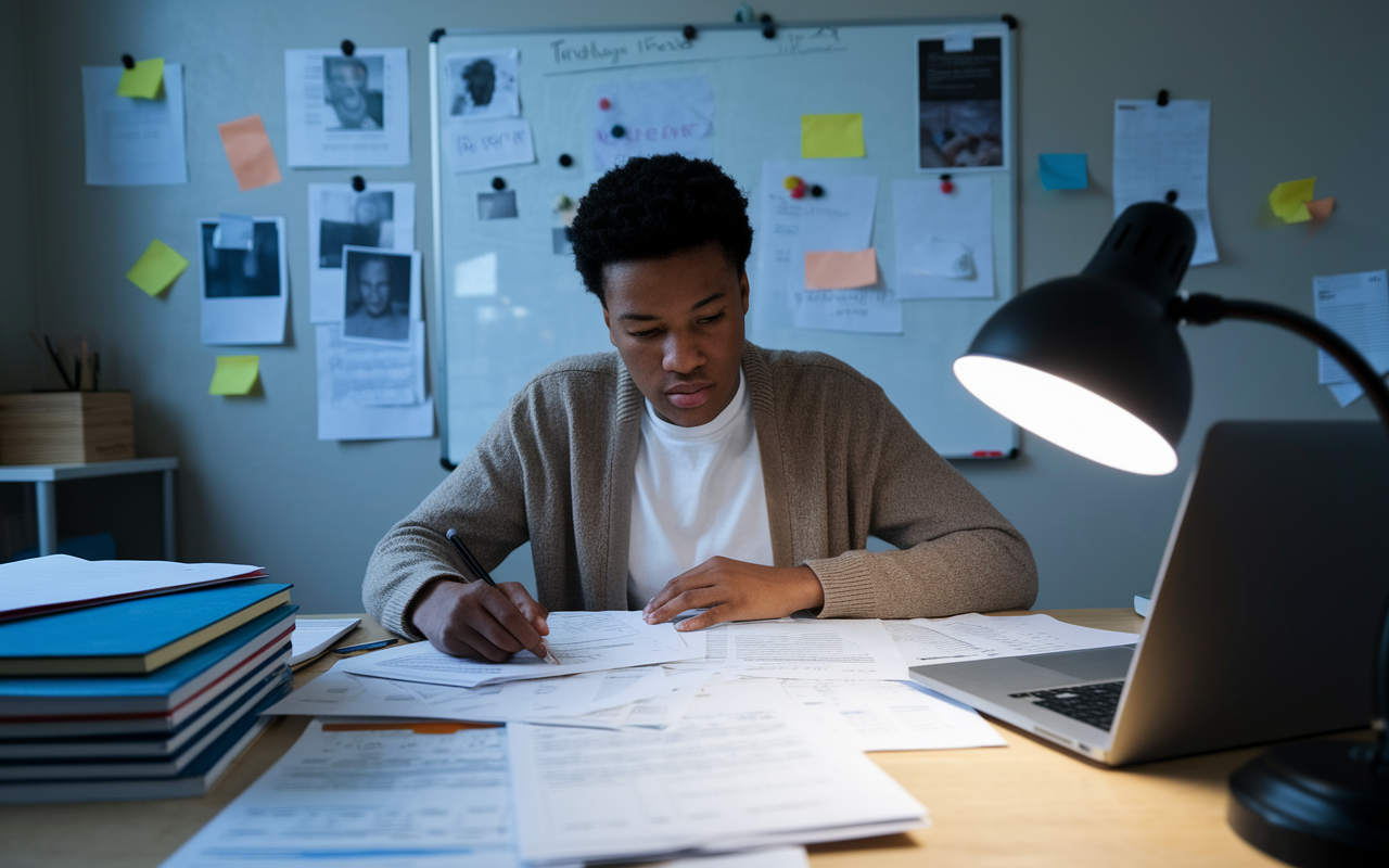 A focused student alone in a study room, surrounded by papers, textbooks, and a laptop, intensely analyzing their residency applications. The room has a professional yet slightly chaotic feel, with notes on the walls and a whiteboard filled with brainstorming ideas. A soft desk lamp illuminates their face, emphasizing their concentration and determination to improve.