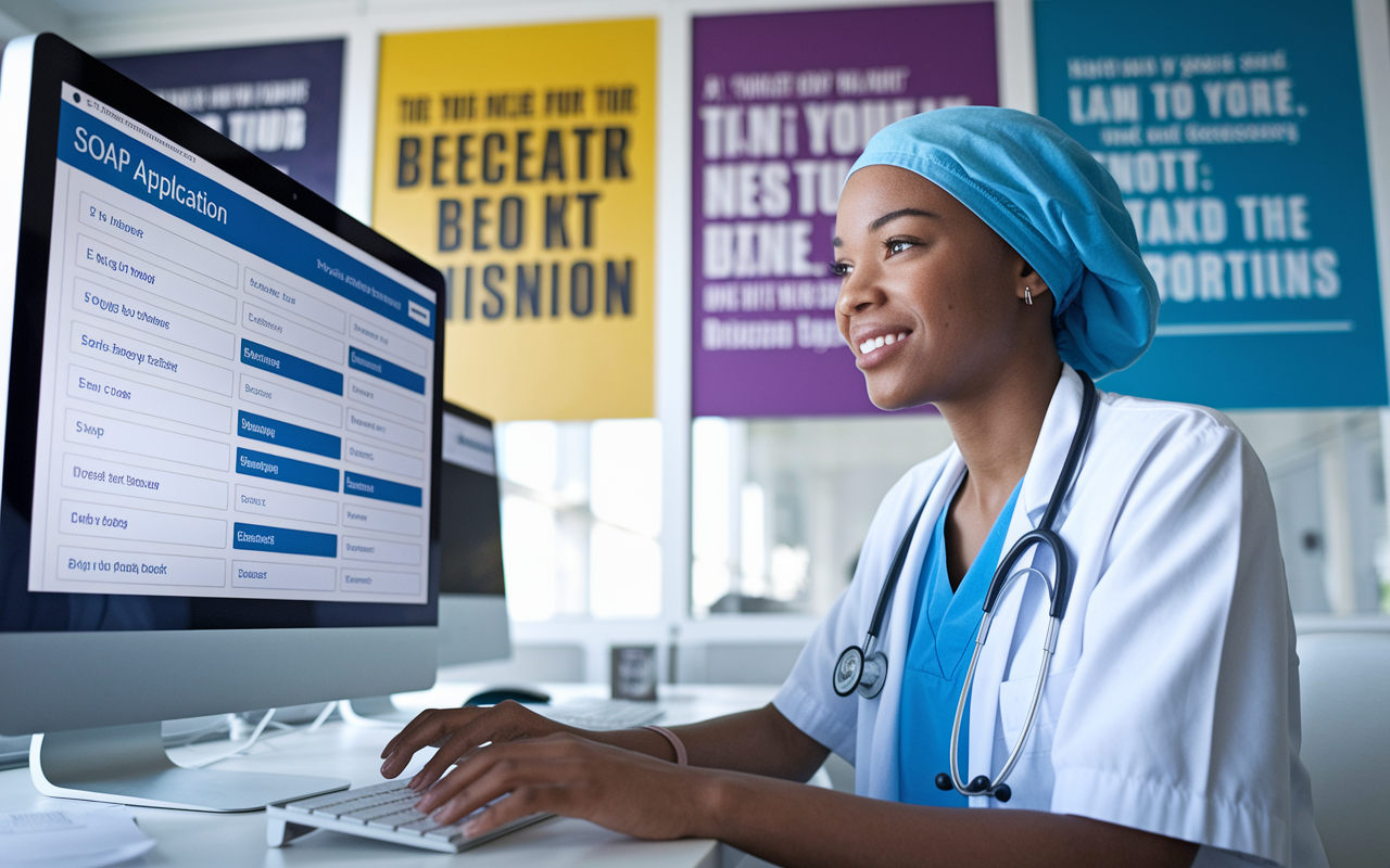 A hopeful medical graduate sitting at a computer, typing diligently, with a look of determination and optimism. The screen shows the SOAP application portal, with various forms and prompts. The environment is bright and modern, with motivational posters on the walls that evoke an air of activism and readiness for new opportunities.