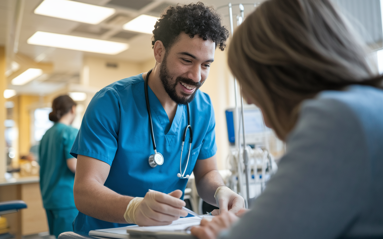 An engaged medical intern working closely with a patient in a clinical setting, demonstrating compassion and professionalism. The scene conveys a busy healthcare environment with medical equipment in the background. The lighting is warm and inviting, highlighting the significance of practical experience and patient interaction in the journey of a future physician.