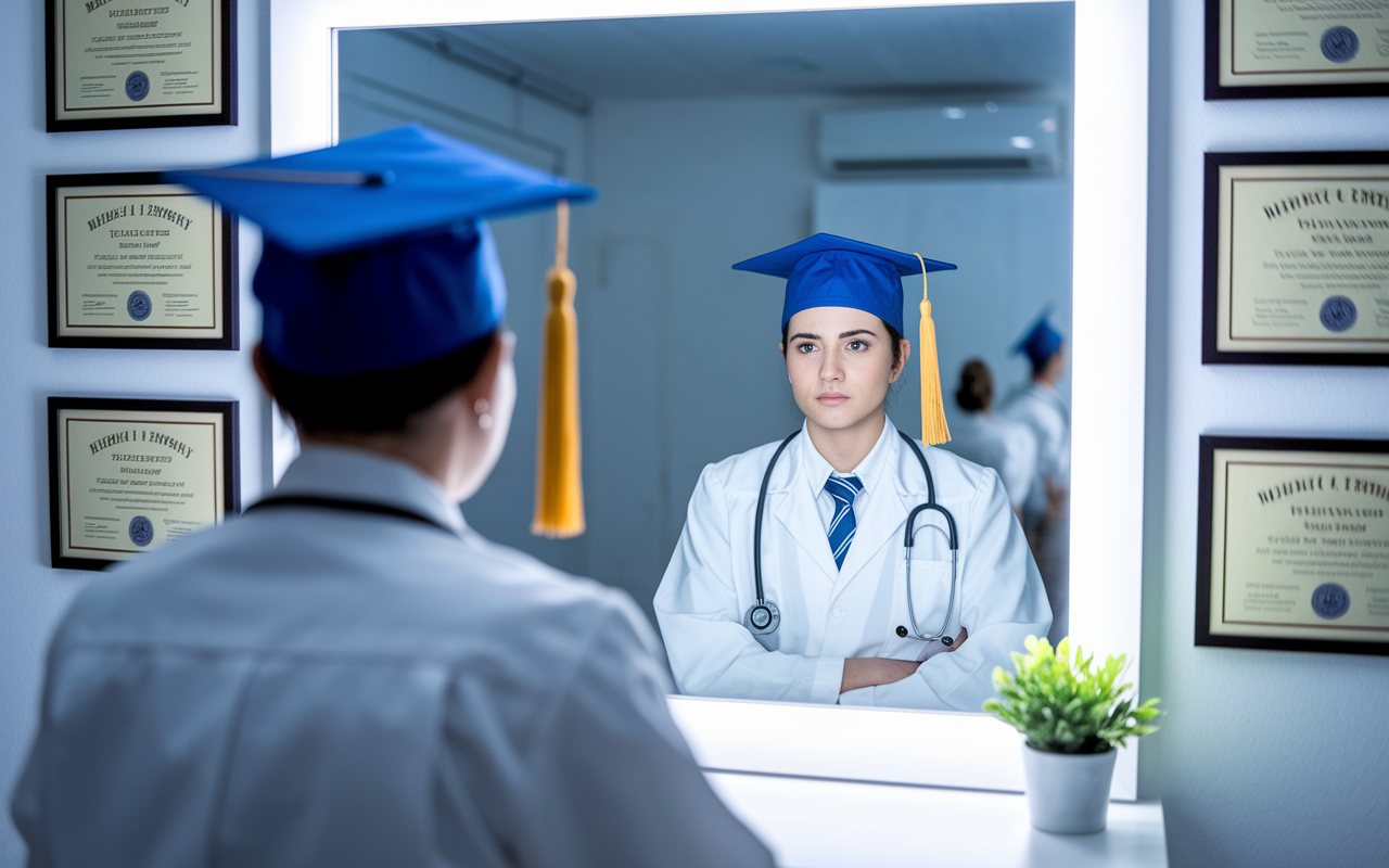 A young medical graduate sitting in front of a mirror, practicing for an interview with intense focus. The room is stylish yet professional, decorated with medical degrees and certificates, creating a motivational atmosphere. A soft spotlight focuses on their face, indicating their serious approach to self-improvement and readiness for the next opportunity.