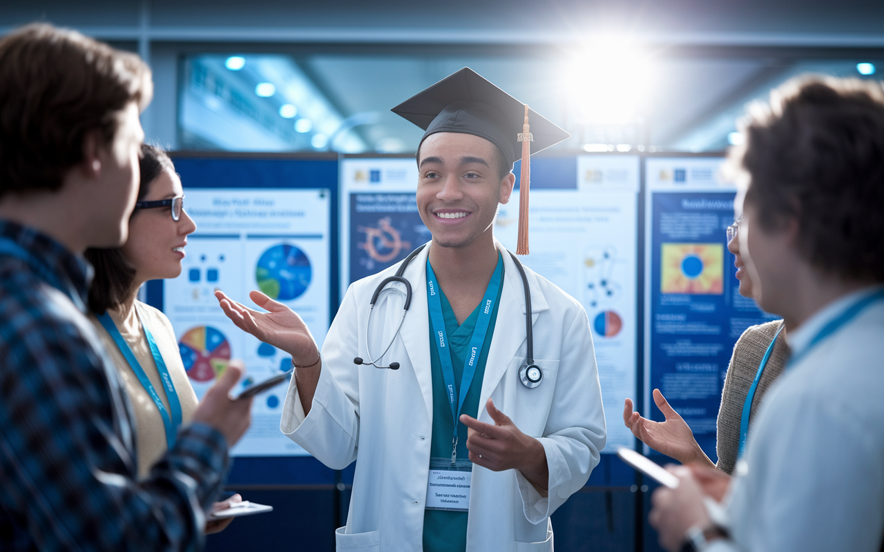 A confident young medical graduate presenting a research project at a conference, surrounded by engaged attendees asking questions. The backdrop features scientific posters and a banner indicating the conference theme. Bright conference lighting spotlights the graduate, emphasizing their transition from traditional pathways to innovative career opportunities.