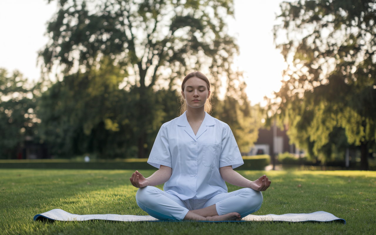 A serene scene depicting a young medical graduate practicing yoga in a peaceful park at sunset. The atmosphere is tranquil, with the sun casting golden hues and gentle shadows. The graduate appears calm and centered, embodying the importance of self-care and emotional balance in tough times.