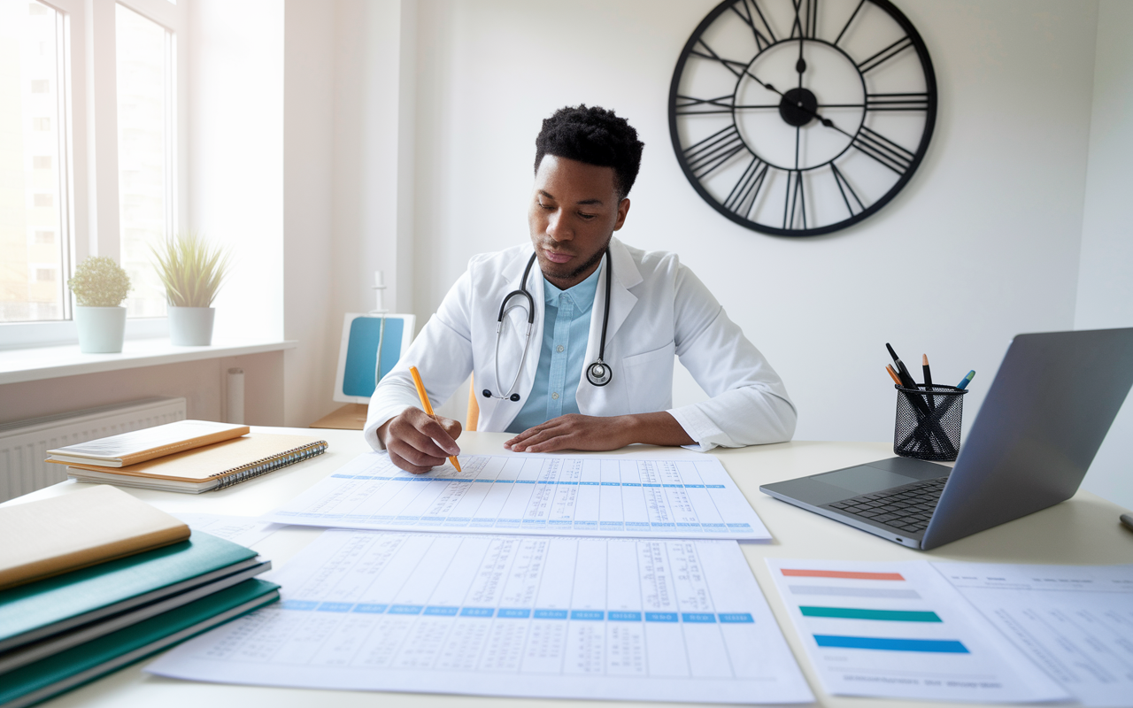 A motivated medical graduate sitting at a desk surrounded by planners, spreadsheets, and a laptop, constructing a detailed timeline for reapplying. The environment is bright and organized, promoting a sense of clarity and focus. A giant wall clock in the background emphasizes the significance of time management and strategy.