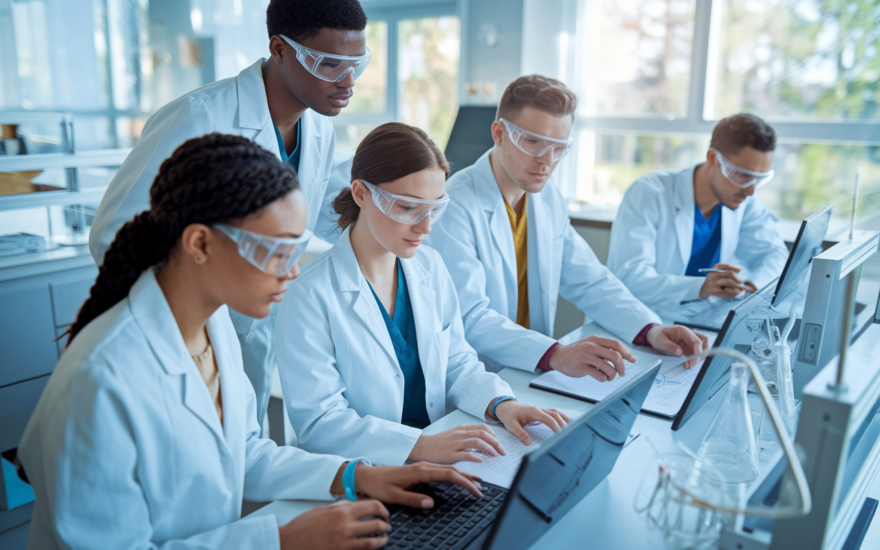 A diverse group of young medical professionals, wearing lab coats and safety goggles, collaborating in a bright, well-equipped laboratory. They are analyzing data on digital screens and discussing findings, surrounded by advanced medical research equipment. The atmosphere conveys a sense of innovation and teamwork, with a focus on discovery and the pursuit of knowledge. Natural light pours through large windows, creating a productive and hopeful environment.