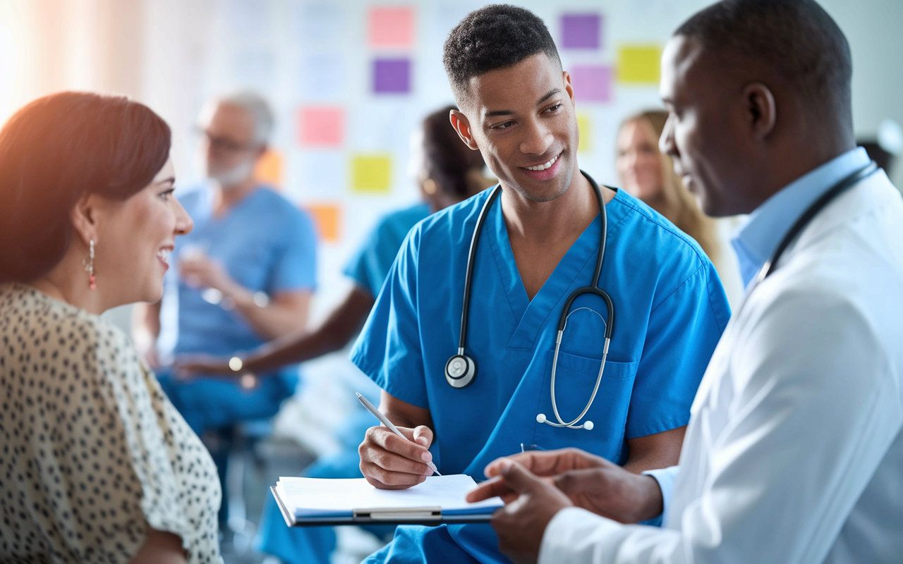 A dedicated medical student observing an experienced physician during a patient consultation in a bustling clinic. The scene captures the intensity of the interaction, showcasing the student taking notes on a clipboard. The clinical environment is dynamic, with other patients in the background and colorful medical charts on the walls. Soft, warm lighting creates a welcoming atmosphere filled with hope and learning.