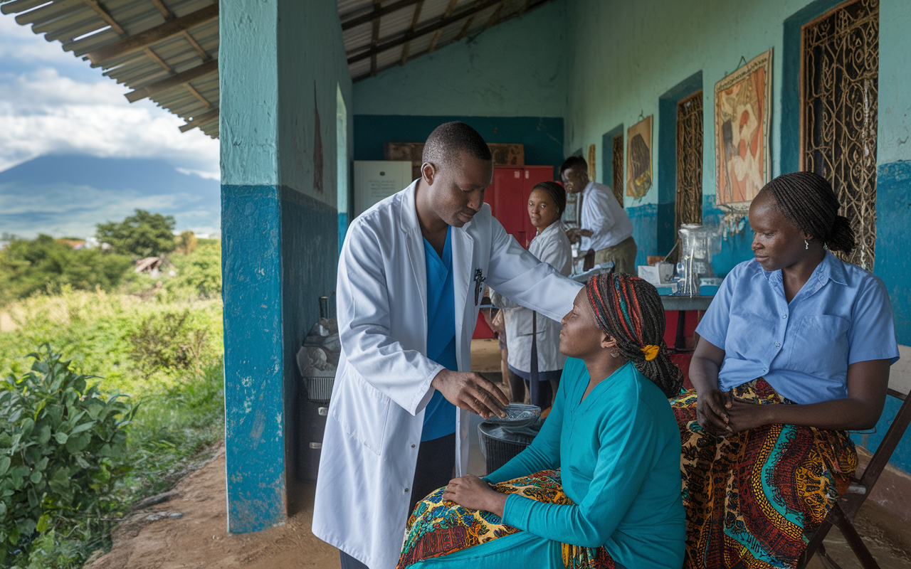 A compassionate physician providing care in a rural clinic in Tanzania, treating a local patient with attention and understanding. The clinic is modest but full of warmth, with local art on the walls and helpful community health workers nearby. Outside, vibrant greenery and distant mountains create a serene backdrop, symbolizing the merging of medicine and culture. The scene embodies a sense of service and dedication to improving health in underserved populations.