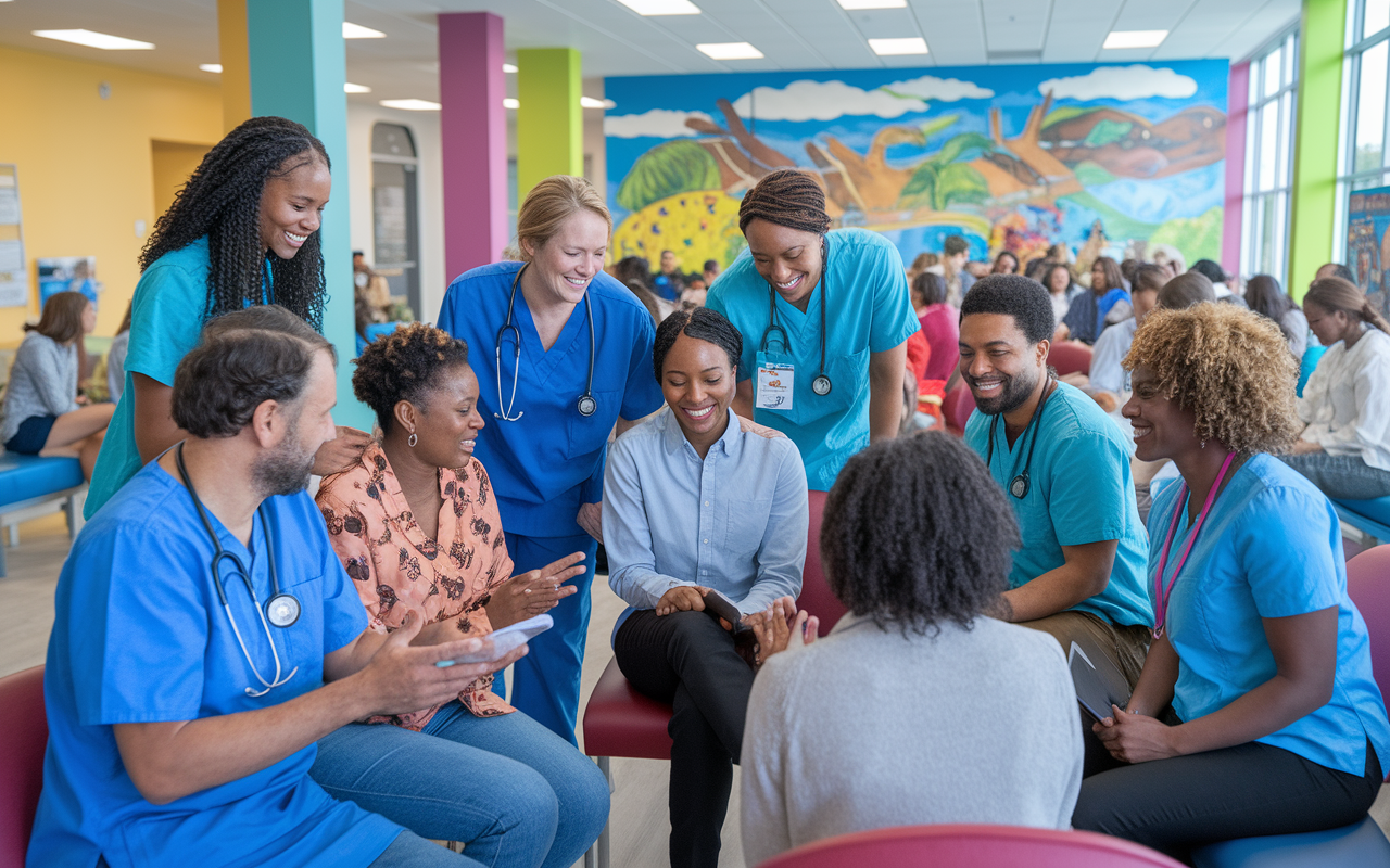 A group of enthusiastic healthcare professionals at a bustling community health center, engaging with a diverse range of patients and families in a colorful waiting area. The healthcare workers are offering support, sharing information, and displaying warmth, creating a feeling of inclusion and care. Bright murals and informational posters on the walls reflect the vibrant community spirit in the environment.