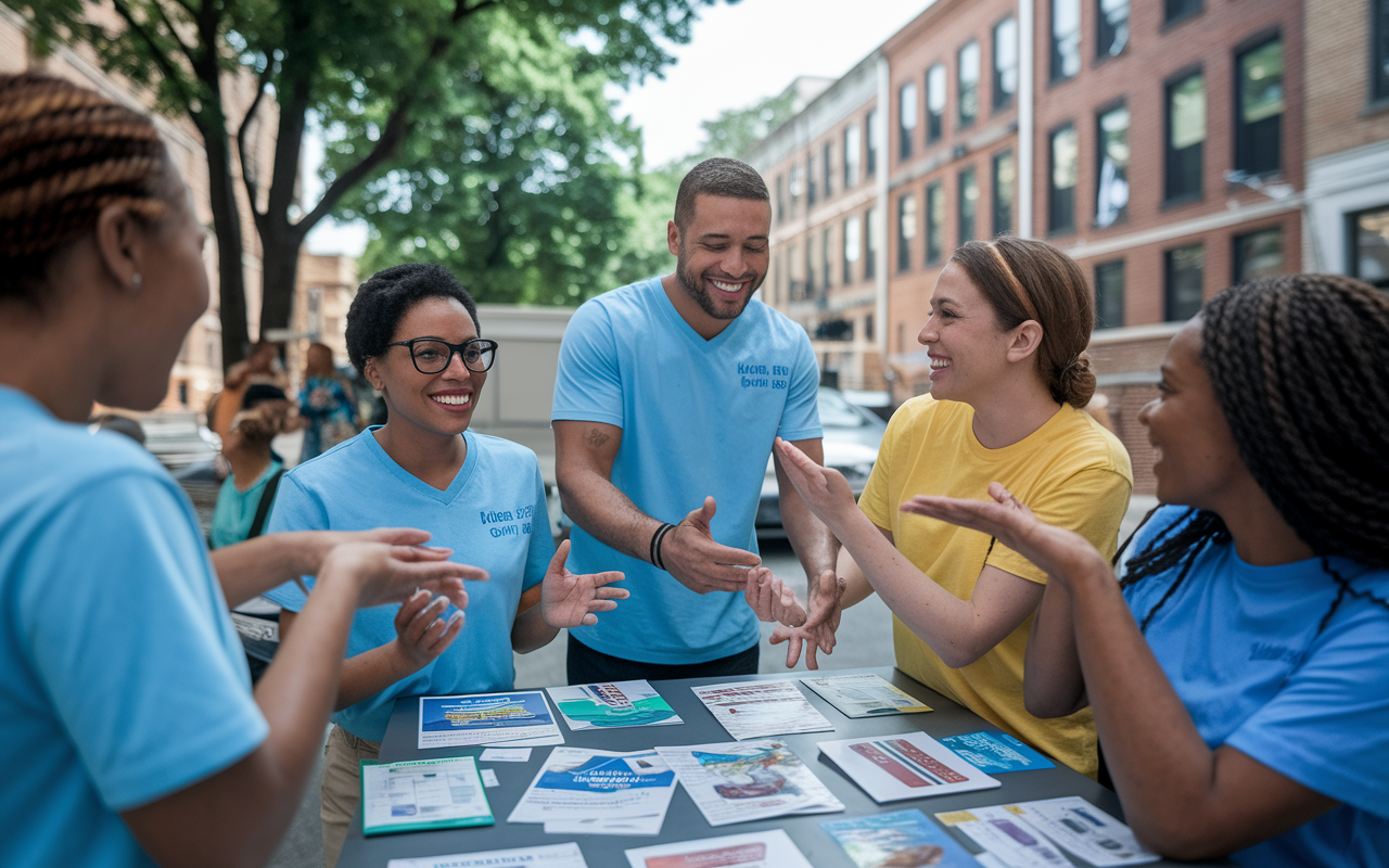 A team of public health workers conducting a community health program in an urban neighborhood, engaging with residents and providing essential health information. They are positioned at a community gathering, with informative pamphlets and banners that promote wellness initiatives. The atmosphere is lively and collaborative, capturing the spirit of community outreach and empowerment.