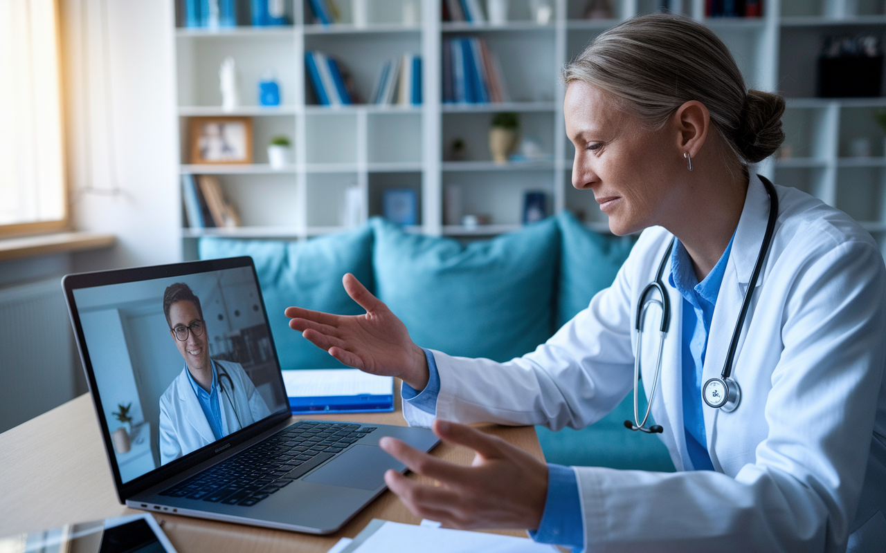 A medical professional conducting a telemedicine consultation in a cozy home office setting, with a laptop in front displaying a virtual consultation with a patient. The surrounding environment is equipped with medical textbooks and a light-filled window, highlighting a comfortable and modern space. The physician shows empathy and focus as they engage with the patient on screen.