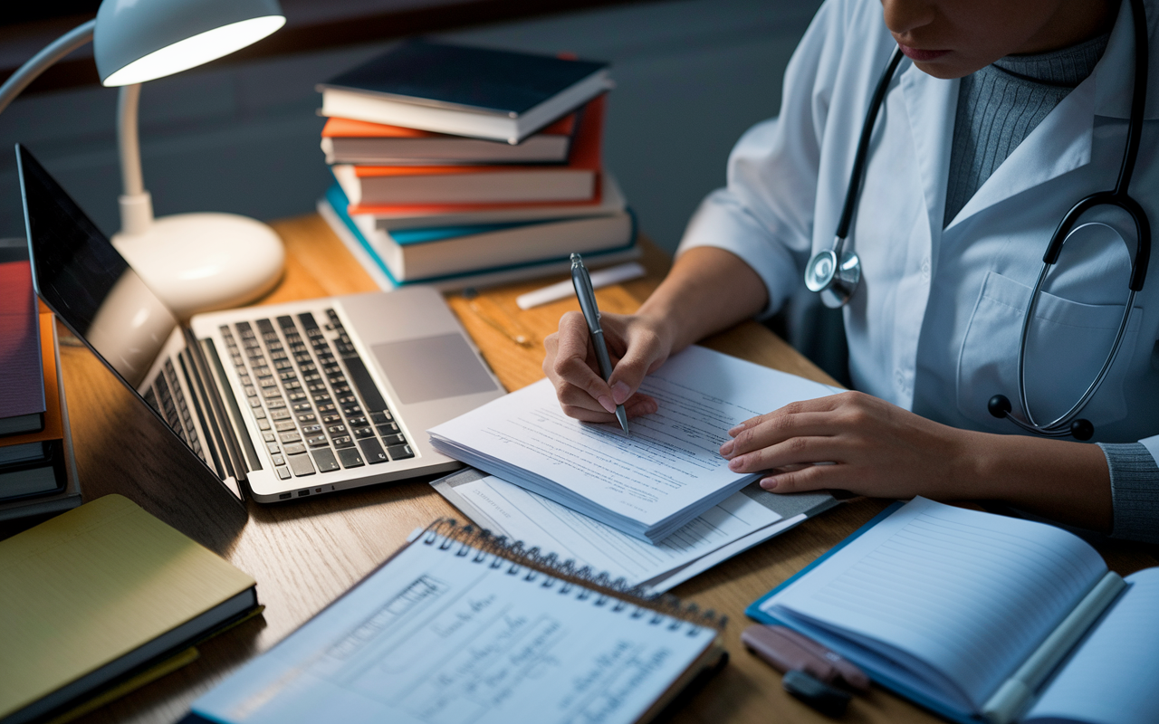 A close-up of a focused medical graduate sitting at a cluttered desk, deeply engrossed in writing a personal statement. The desk is littered with reference books, a laptop with an open document, and inspirational notes around. A soft, warm desk lamp creates a comforting light, illuminating their concentration and determination as they carefully pen down reflections and experiences.