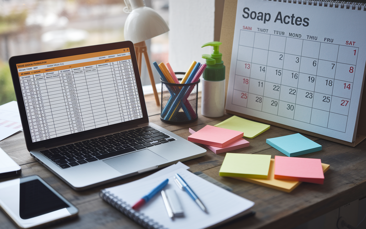 A well-organized workspace featuring a laptop displaying a detailed spreadsheet with residency programs, deadlines, and notes. Next to the laptop are colored pens and sticky notes, while a wall calendar marks significant dates. Bright overhead lighting provides clarity, creating a sense of structured preparation amid the whirlwind of SOAP activity.