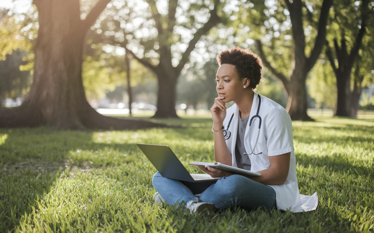 A contemplative medical graduate sitting in a peaceful park, surrounded by nature, with a laptop and a notepad. They are brainstorming alternative career paths, looking thoughtful as they consider various specialties. The warm sunlight filters through the trees, casting playful shadows, reflecting a sense of openness and opportunity.