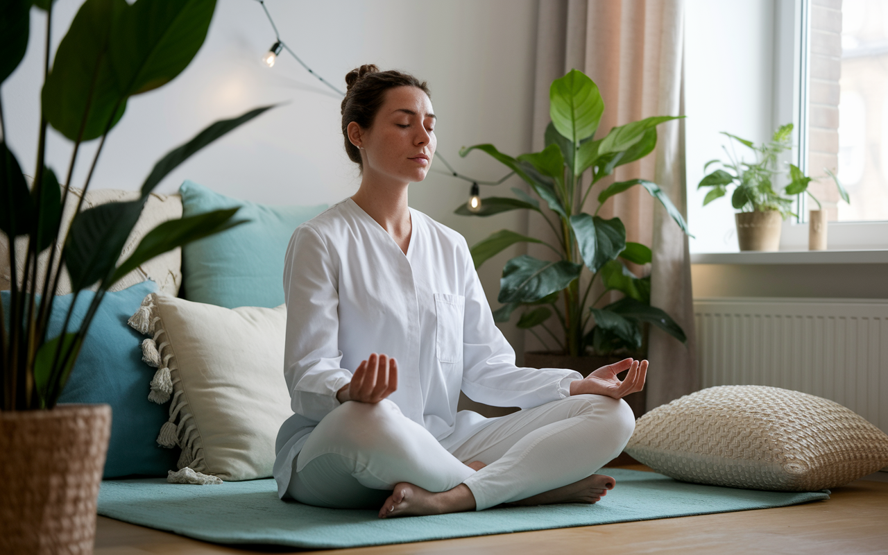 A serene moment captured in a cozy room where a medical graduate is engaging in mindfulness practices, surrounded by soft cushions, with calming green plants nearby. They are focused on meditation, embodying tranquility amidst their chaotic journey. Gentle light from a nearby window enhances the peaceful atmosphere.