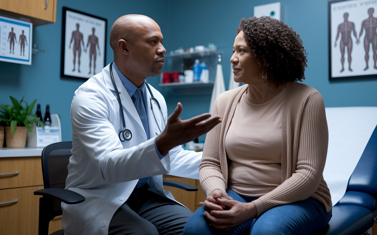 A compassionate physician sitting beside a middle-aged patient in an exam room, engaging in a serious yet gentle conversation. The room is decorated with calming colors and medical posters. The physician expresses empathy, gesturing thoughtfully as they discuss sensitive health issues. The patient appears concerned but relieved, showcasing trust and openness. The atmosphere is filled with warmth and professionalism, emphasizing the importance of patient care.