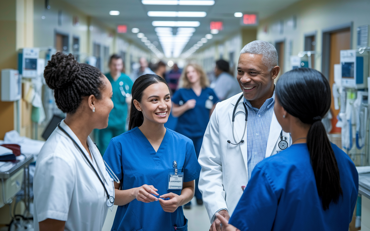 A young pre-med student conversing with healthcare professionals in a busy hospital corridor. The scene includes smiling nurses and a physician sharing insights, with various medical equipment and patients being attended to in the background. The atmosphere is vibrant and filled with energy, showcasing the importance of collaboration and professional relationships in healthcare.