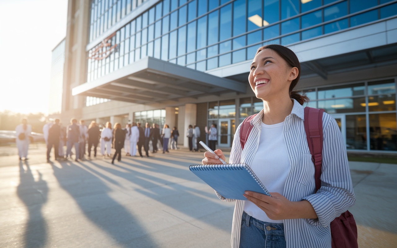 A pre-med student preparing for a shadowing experience, standing outside a hospital, looking excited and eager. The scene captures a bright morning, with the sun rising in the background. The student is dressed in casual yet professional attire, holding a notepad and a pen, symbolizing readiness to learn. The hospital building is visible behind, bustling with activity as healthcare professionals enter and exit, showcasing the real-world environment.