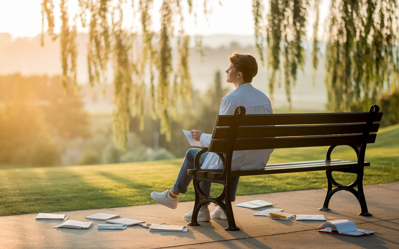 A young medical graduate, sitting alone on a park bench with a reflective expression, looking out over a peaceful landscape. The golden hour sunlight bathes the scene, creating a warm and contemplative atmosphere. Around them are scattered medical books and notes, symbolizing their journey through medical school. The trees sway gently in the background, conveying a sense of hope and the potential for new beginnings.