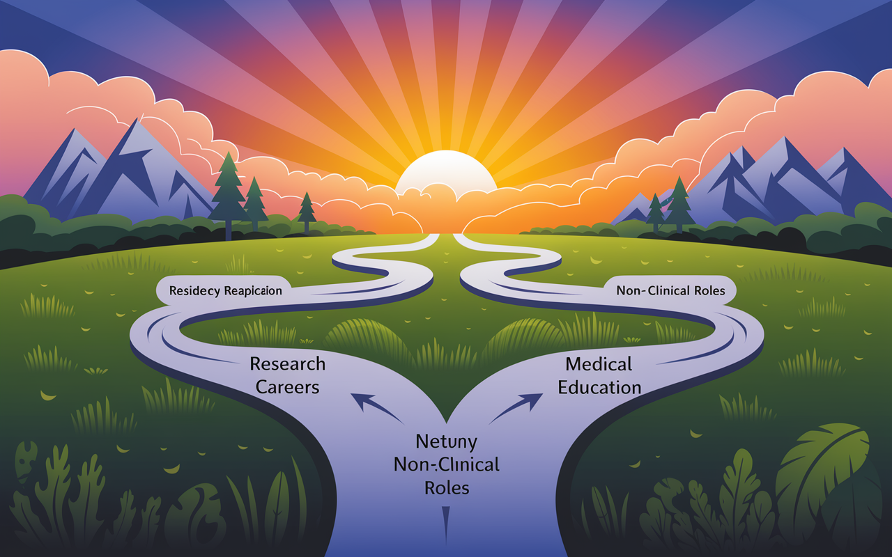 An inspirational scene depicting a crossroads sign with various paths labeled, such as 'Residency Reapplication', 'Research Careers', 'Medical Education', and 'Non-Clinical Roles'. Each path is visually manifesting beautiful landscapes, symbolizing opportunities and choices. The sky overhead is vibrant, with shades of orange and purple, indicating a sunrise, illustrating hope and new beginnings, while soft rays of light pierce through the clouds.