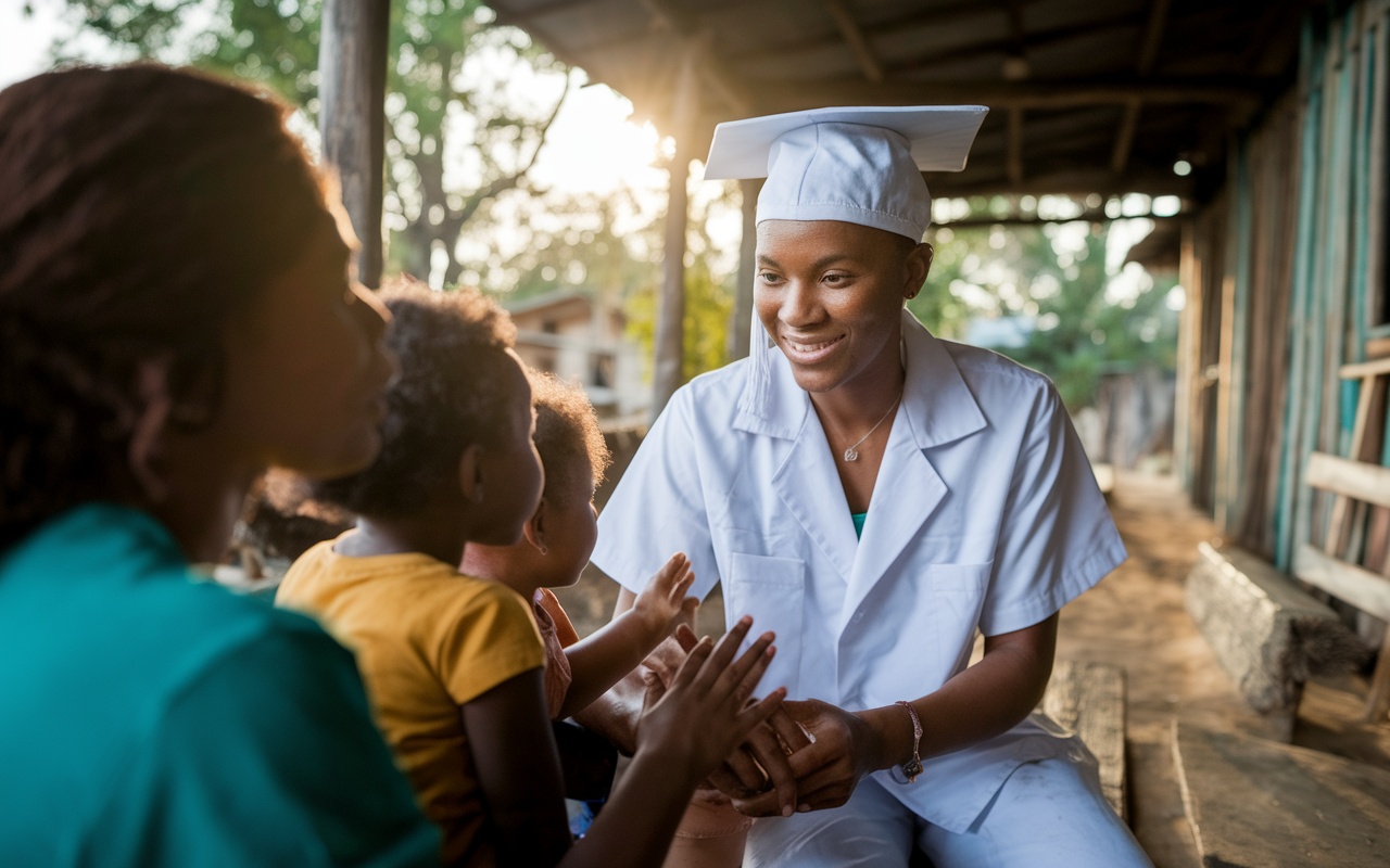 A compassionate medical graduate volunteering in a low-resource village clinic, interacting with local families and children. The scene shows the graduate attentively listening to a child while a caregiver looks on, a backdrop of simple wooden structures and greenery creating a warm and inviting atmosphere. The golden light of the setting sun adds a hopeful touch, highlighting the graduate’s dedication to service and human connection.