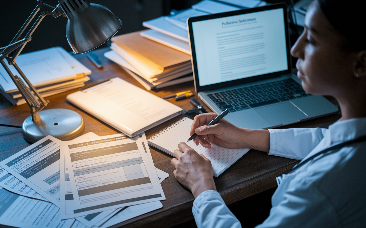 A close-up of a medical student's cluttered desk filled with application materials, including USMLE score reports, recommendation letters, and a laptop displaying a reflective personal statement. The student, looking focused and contemplative, is making notes on a notepad, with a low-lit desk lamp casting a warm glow over the scene, emphasizing the hard work and thoughtfulness involved in self-reflection.