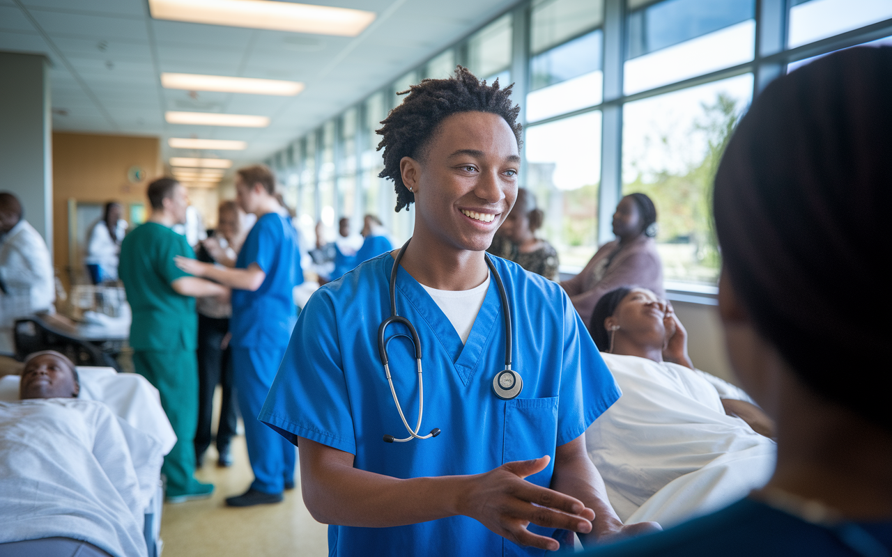 An enthusiastic medical student in scrubs, participating in a vibrant clinical rotation, interacting with patients in a hospital setting. The background reveals medical staff and busy activity in the ward, highlighting a lively atmosphere filled with learning opportunities. Natural light spills through large windows, illuminating the student's focused expression and genuine commitment to patient care.